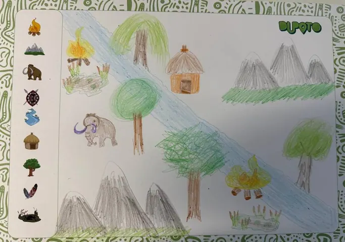 A primary school student's map with a river, trees, a hut and mountains