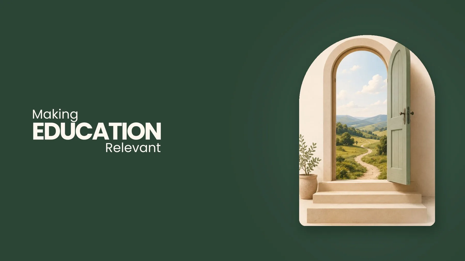 The Making Education Relevant logo beside the open arched door from its artwork