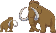 A baby mammoth beside a fully grown mammoth