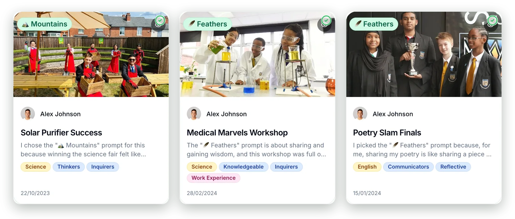 Experience cards for a solar purifier, a medical workshop and a poetry slam, each tagged with a Dupoto icon and skills