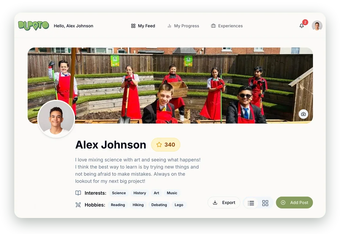 A student profile with a cover photo, a short bio, 340 points, interests and hobbies