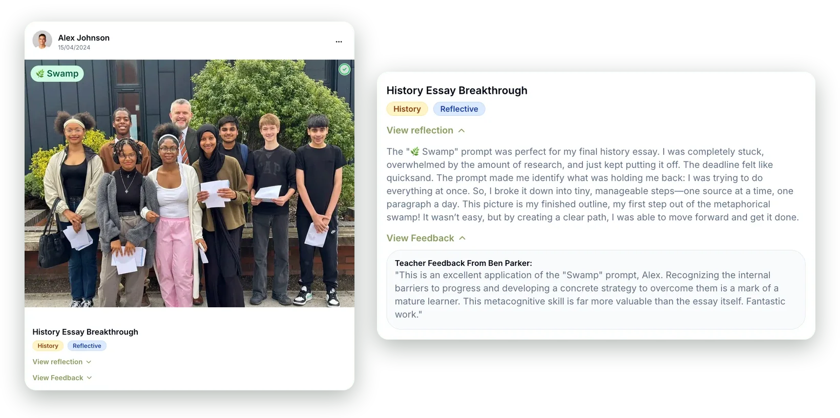 A Swamp post about a history essay, opened to show the student's reflection and their teacher's feedback