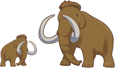 A baby mammoth beside a fully grown mammoth